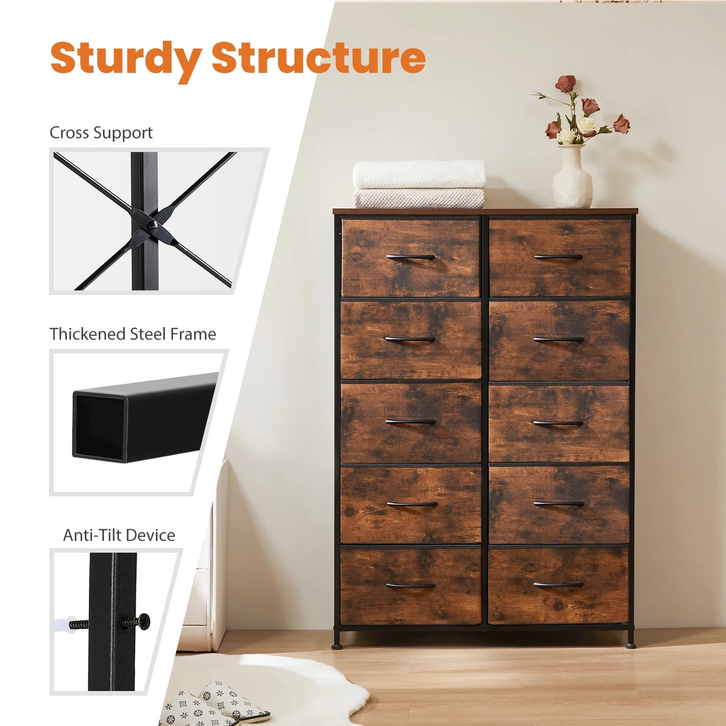 JHK Bedside Table With Fabric Drawers And Steel Frame