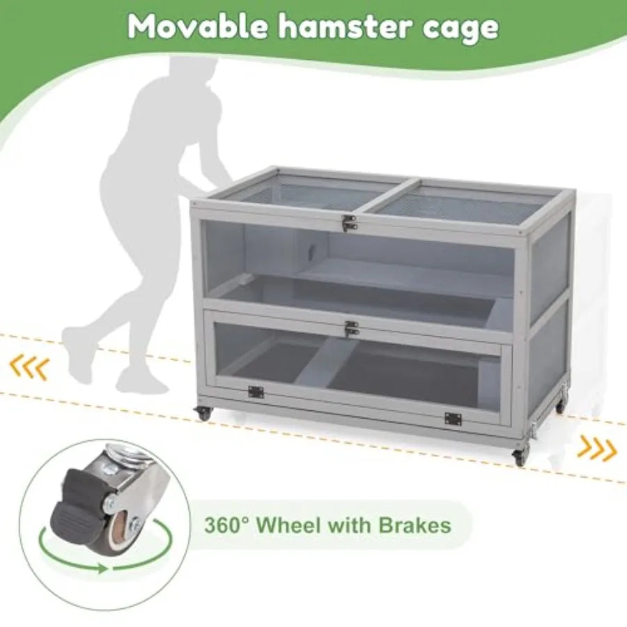 3Tier Wooden Hamster Cage 35.4'' with Removable Ramps and Tray Small Animals Hutch with Wheels and 2 Openable Doors Critter Nat