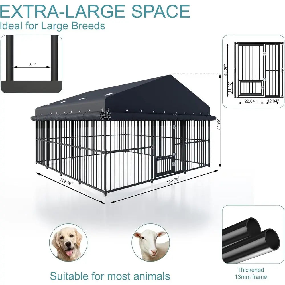 Large Outdoor Dog Kennel with UV-Protected Waterproof Cover and Triple Locks for Heavy-Duty Use (118x119x78)
