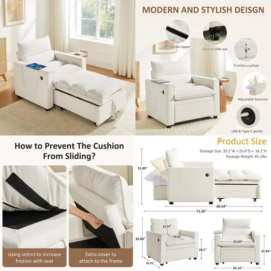Convertible 3-in-1 Futon Sofa Bed with USB & Type-C Ports, Modern Multi-Functional Sleeper Chair Couch, Pull-Out Chaise Lounge