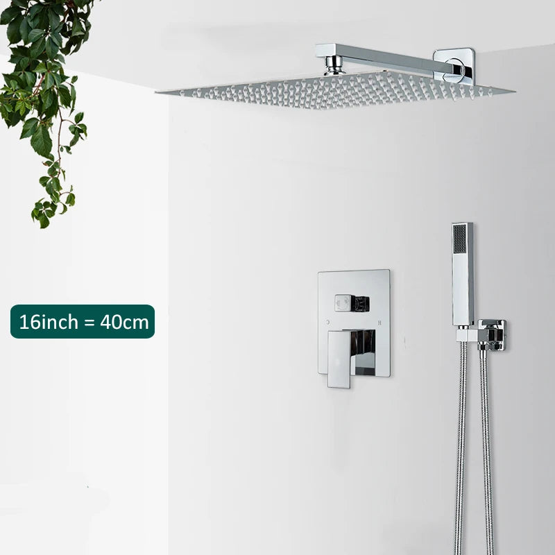 Chrome Concealed Shower Faucet System 2-way Rainfall Bathroom Mixer Bathtub Tap with Hand Sprayer