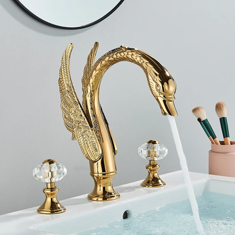 Golden Swan Shape Bathroom Faucet Basin Faucet Tap  Bathtub Faucet Two Crystal Handles Hot Cold Mixer Crane Basin Faucet Tap