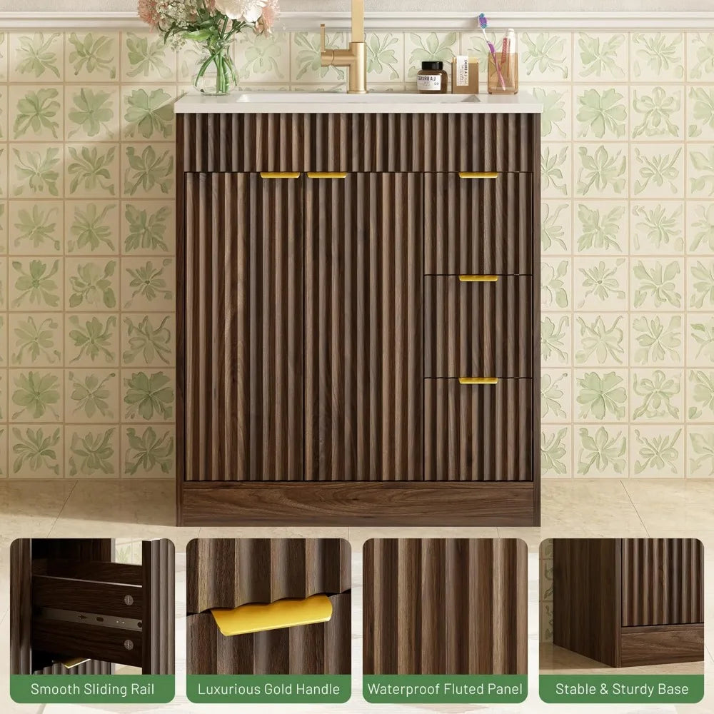 30 Inch Modern Fluted Bathroom Vanity with Sink, Storage Cabinet, Adjustable Shelf, Soft Closing Doors & Drawers in Walnut