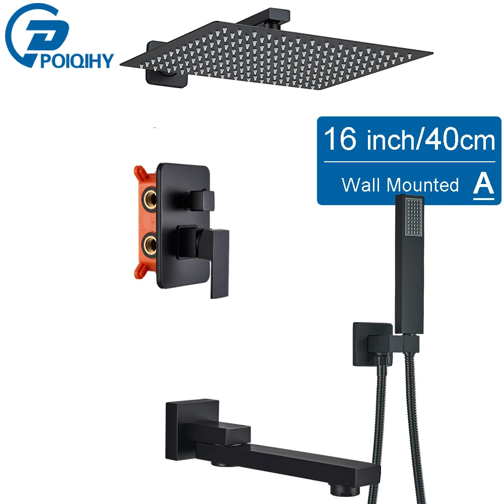 POIQIHY Embedded In Wall Shower Faucet Rainfall Stainless Steel 8/10/12/16" Shower Head Faucet Shower Tap Mixers Matte Black