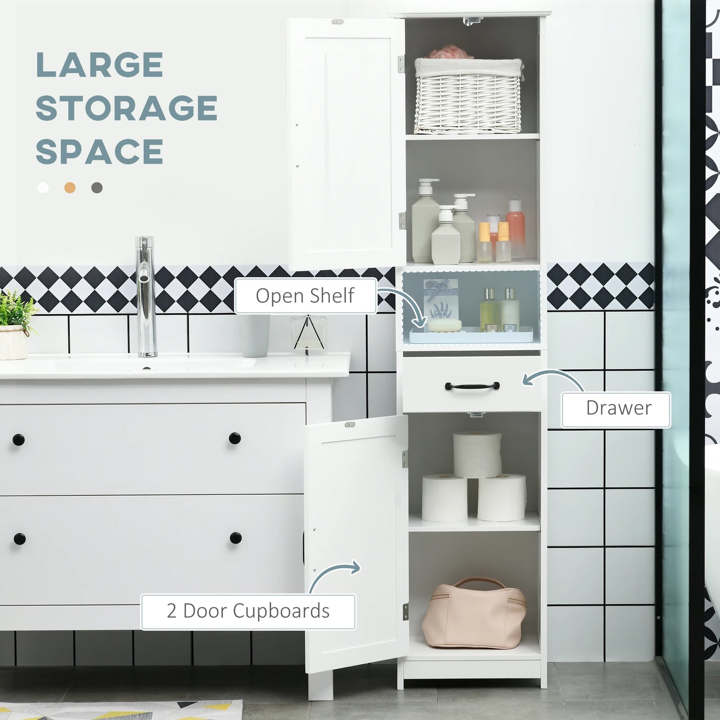 Kleankin Slim Bathroom Storage Cabinet Linen Tower With Open Shelf