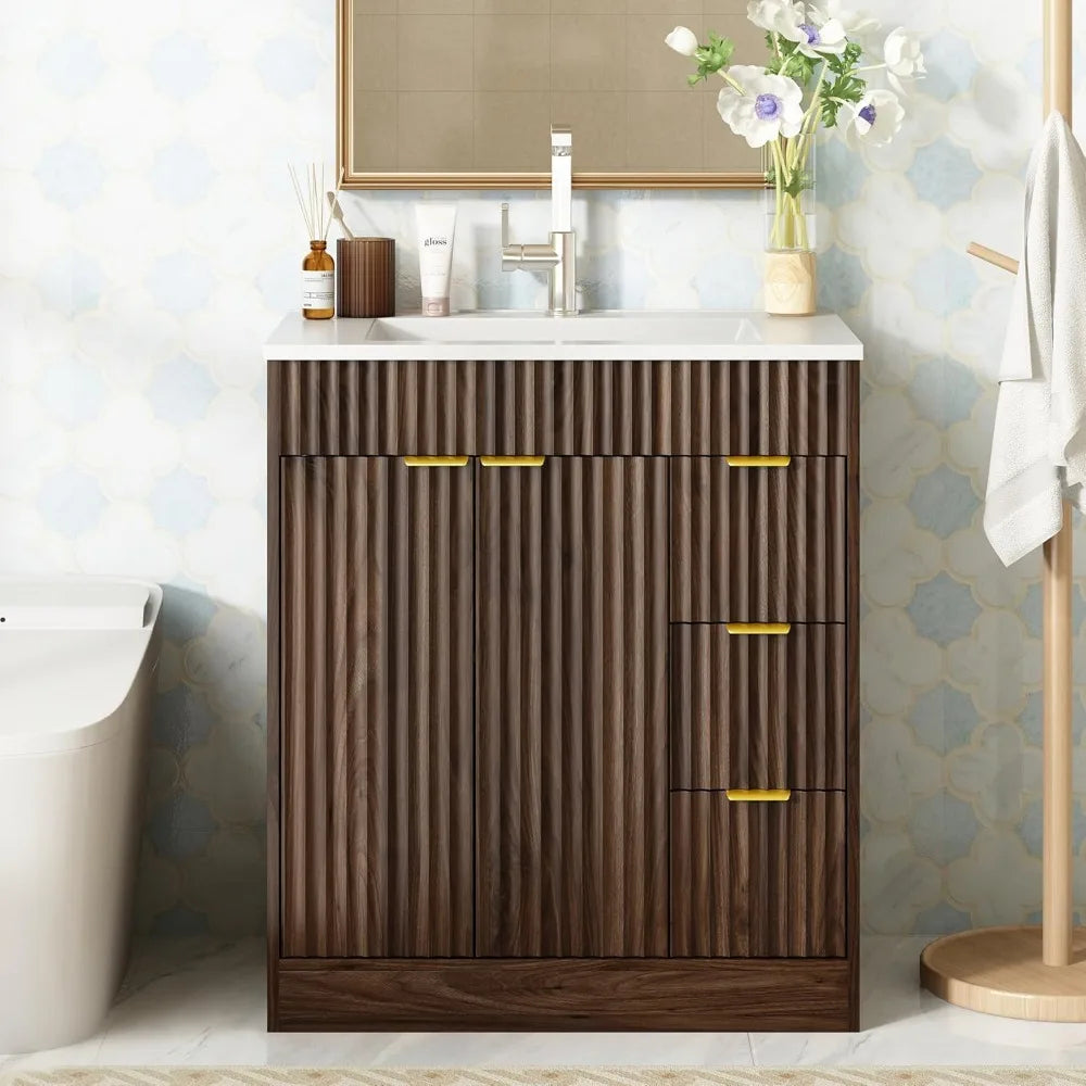 30 Inch Modern Fluted Bathroom Vanity with Sink, Storage Cabinet, Adjustable Shelf, Soft Closing Doors & Drawers in Walnut
