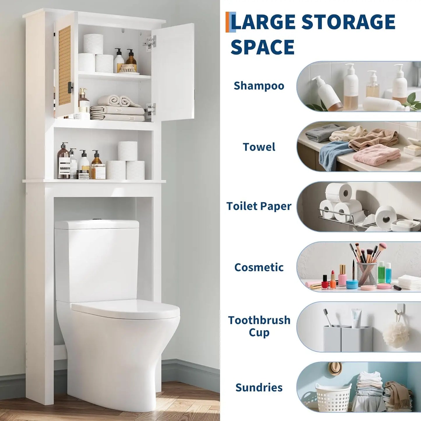 Farmhouse White Over Toilet Storage Cabinet with Natural Rattan Doors, Adjustable Shelf Toilet Rack