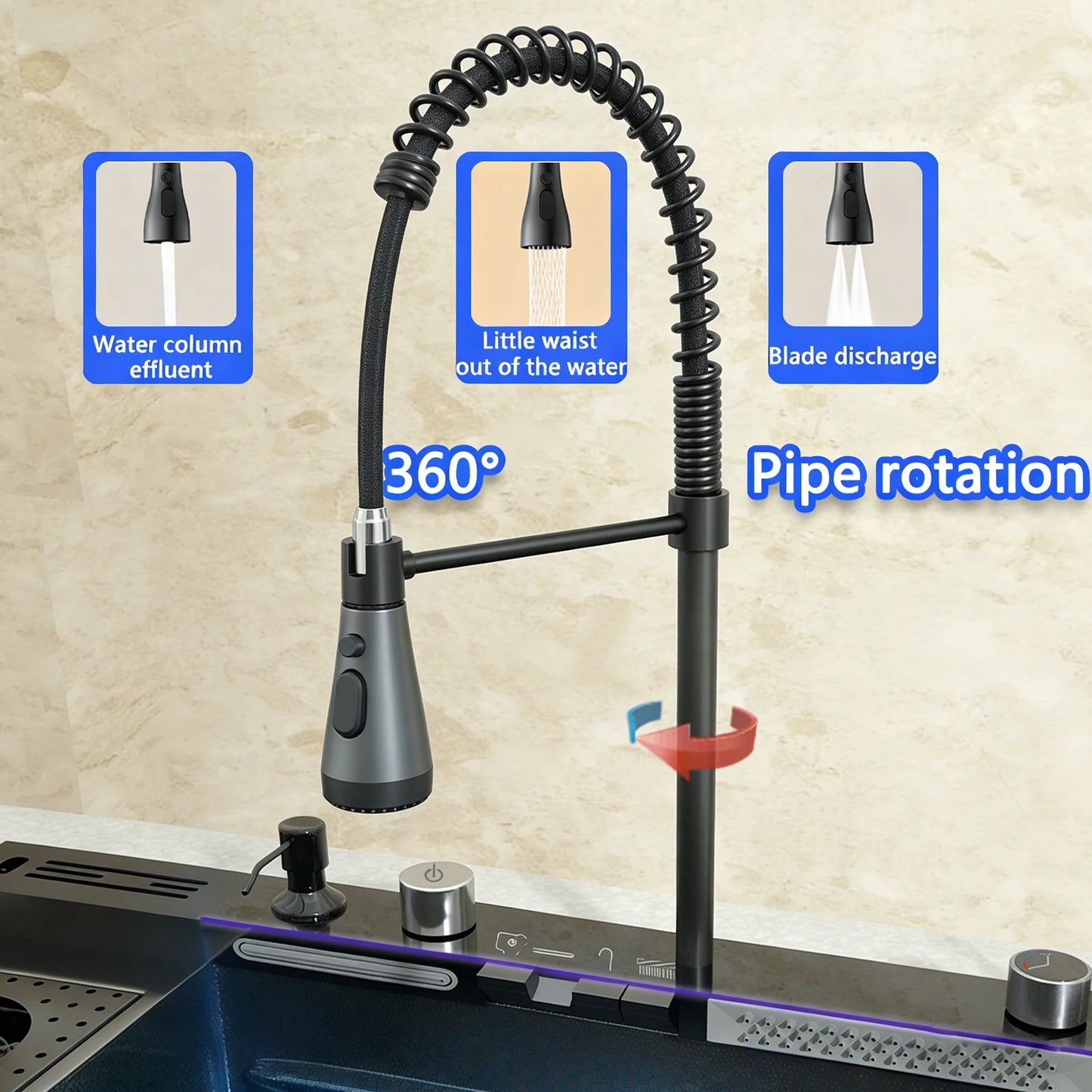 Multifunctional Kitchen Sink Stainless Steel Waterfall Diswashing Sinks Digital Display Large Single Slot with Trash can