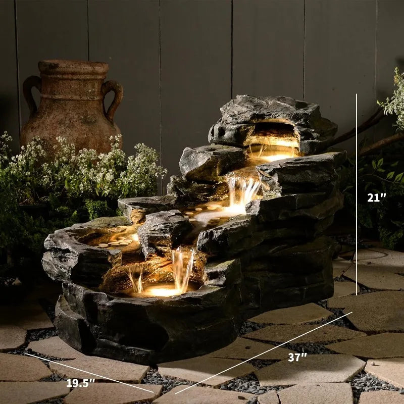 37" L Garden Outdoor Water Fountain, Floor Standing 5-Tiers Rock Natural Waterfall Outdoor Fountains with LED Lights for Patio,