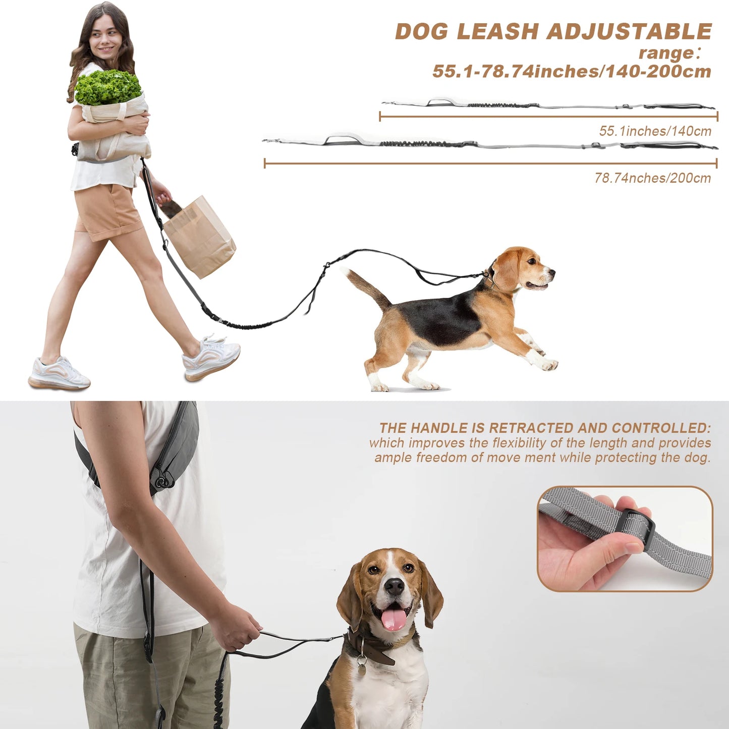Crossbody Hand Free Dog Leash with Pouch, Reflective Waist Pouch, Adjustable Shoulder Dog Leash 3.6-6.5ft with Detachable Car Sa