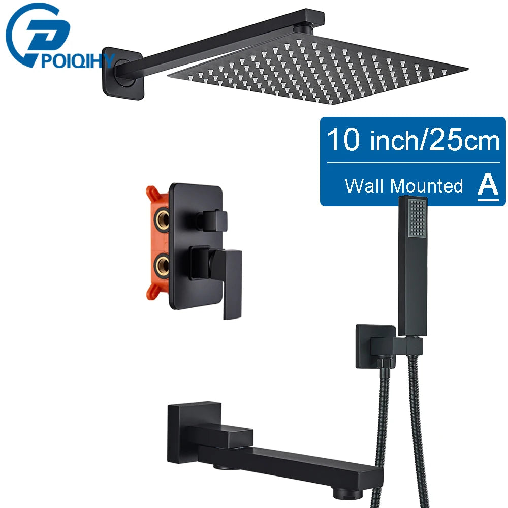 POIQIHY Embedded In Wall Shower Faucet Rainfall Stainless Steel 8/10/12/16" Shower Head Faucet Shower Tap Mixers Matte Black