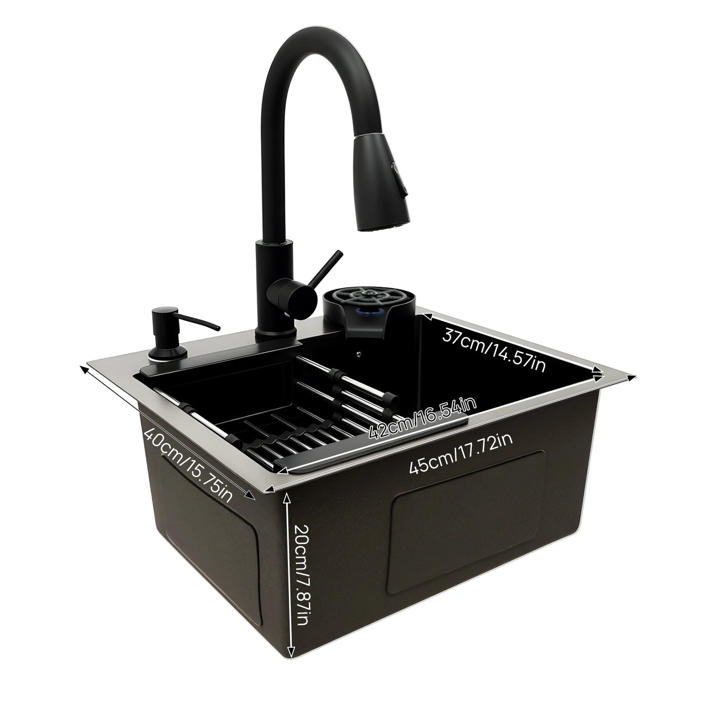 Multi-functional Kitchen Sink with Retractable Faucet, Soap Dispenser and Drip Basket Black Stainless Steel Sink 3 Specification
