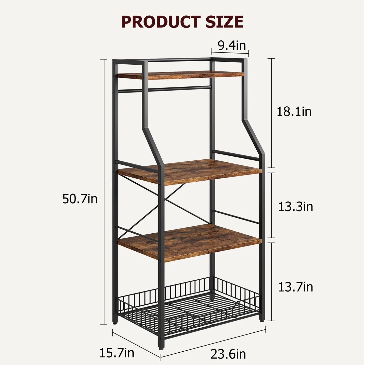 Kitchen Bakers Rack, Microwave Oven Stand with Large Wire Basket, 4-Tier Kitchen Utility Storage Shelf Coffee Bar Station