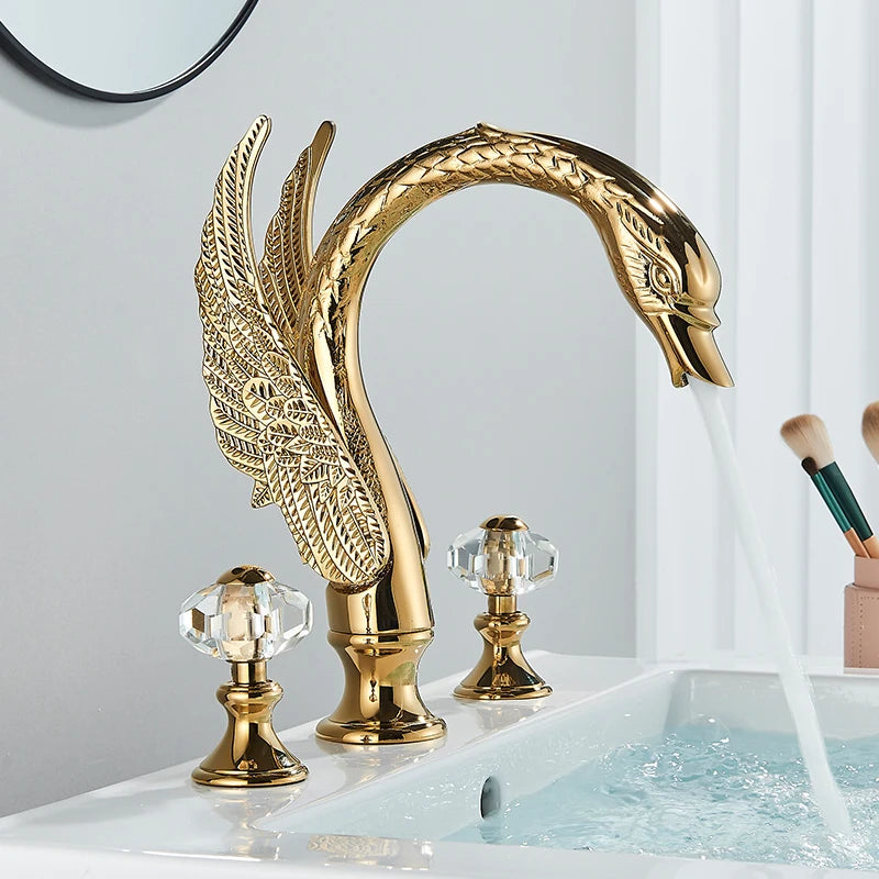 Golden Swan Shape Bathroom Faucet Basin Faucet Tap  Bathtub Faucet Two Crystal Handles Hot Cold Mixer Crane Basin Faucet Tap