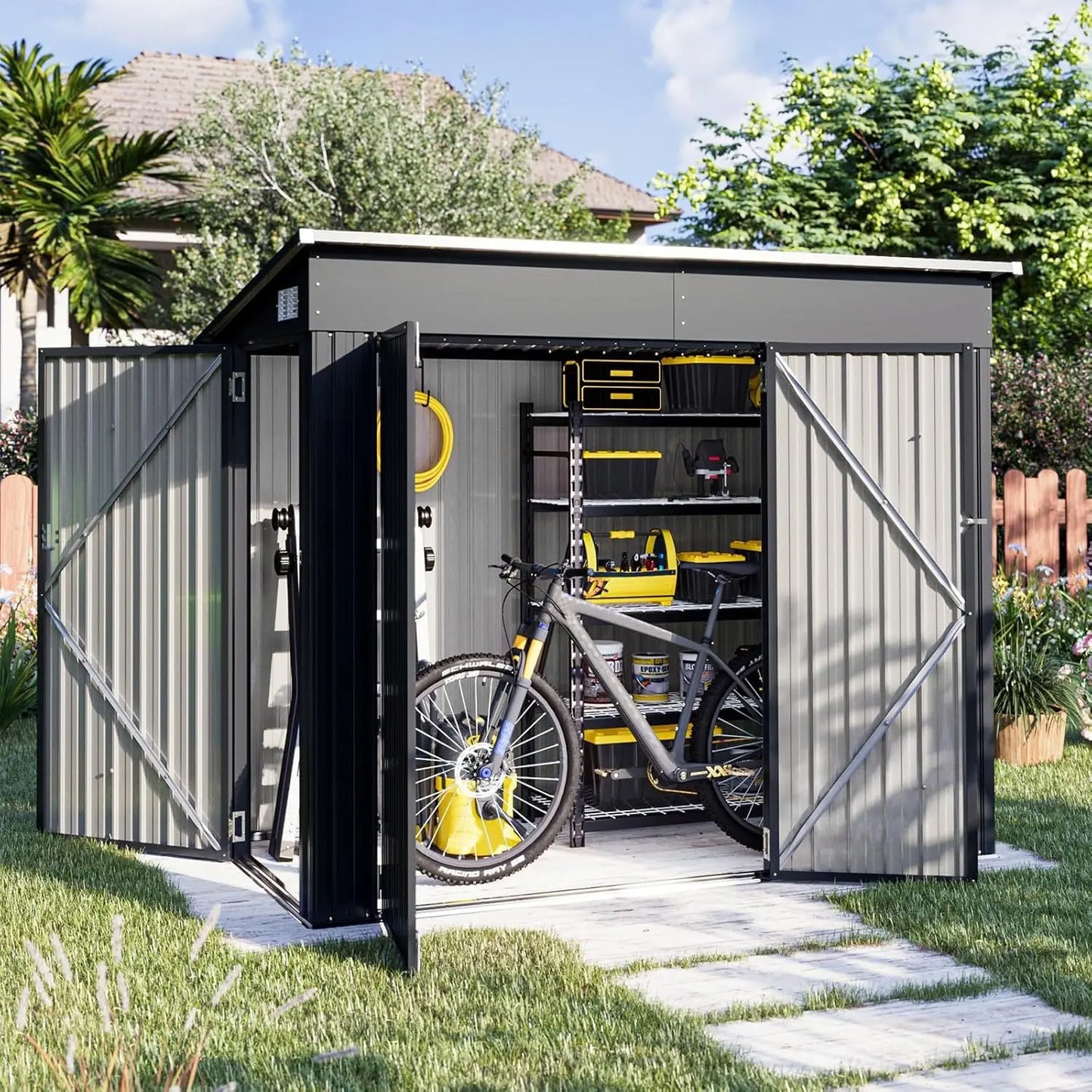 Metal Outdoor Storage Shed Lockable Triple Door Sloping Roof Tool Bike Garden Patio Yard, Custom