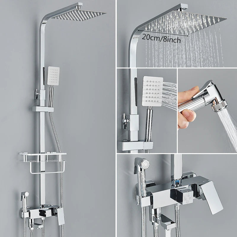 3/4-way Shower Faucet Rainfall Shower Hot Cold Water Mixer Bidet Faucet Commodity Shelf For Bathroom Shower Mixer Chrome Black