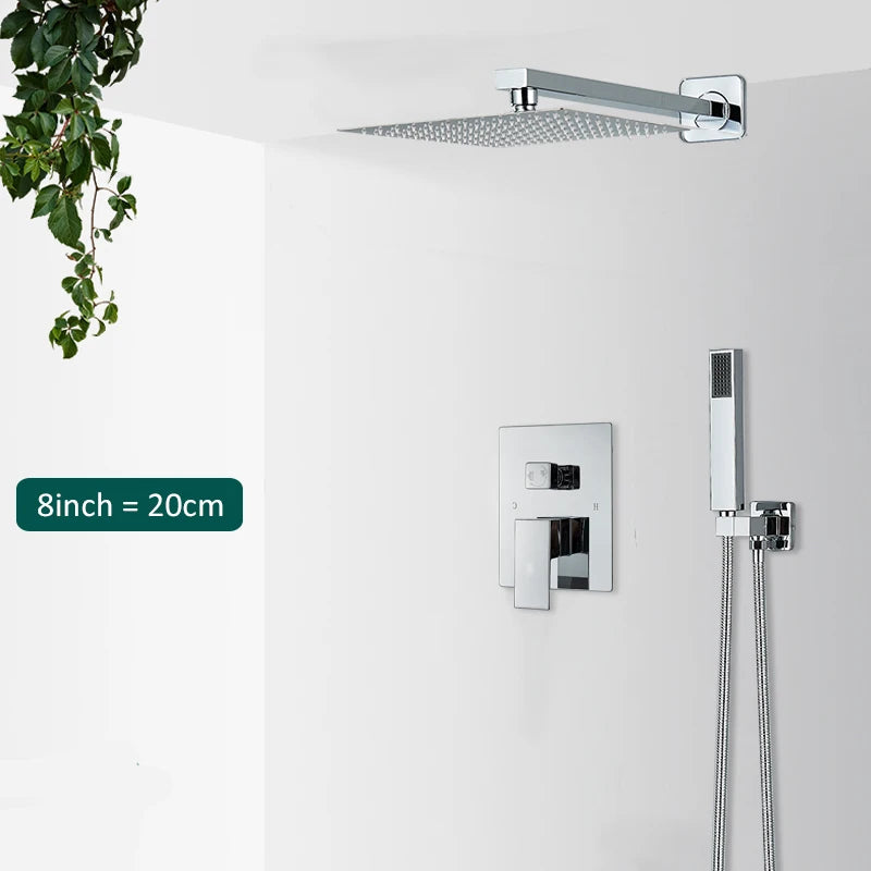 Chrome Concealed Shower Faucet System 2-way Rainfall Bathroom Mixer Bathtub Tap with Hand Sprayer