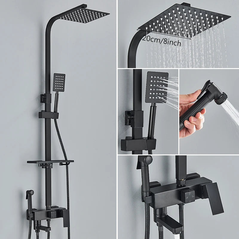 3/4-way Shower Faucet Rainfall Shower Hot Cold Water Mixer Bidet Faucet Commodity Shelf For Bathroom Shower Mixer Chrome Black