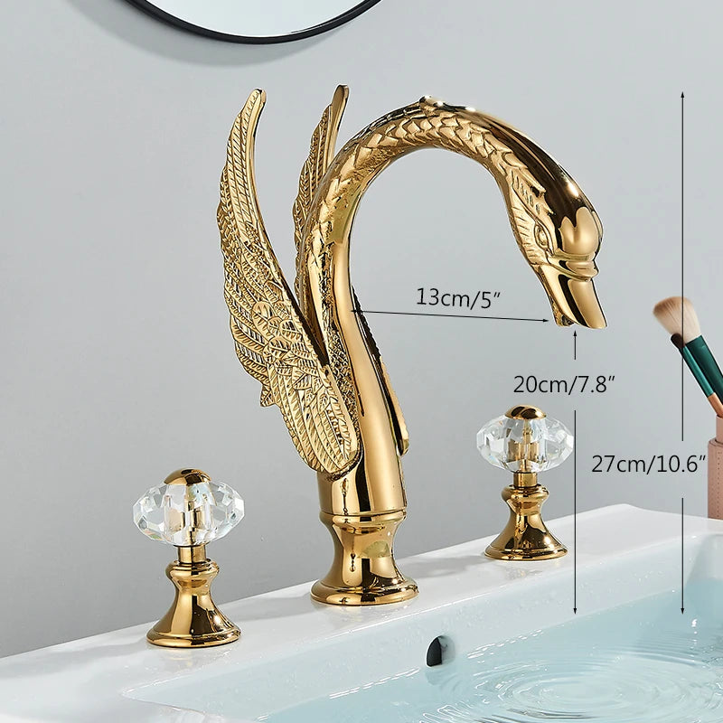 Golden Swan Shape Bathroom Faucet Basin Faucet Tap  Bathtub Faucet Two Crystal Handles Hot Cold Mixer Crane Basin Faucet Tap