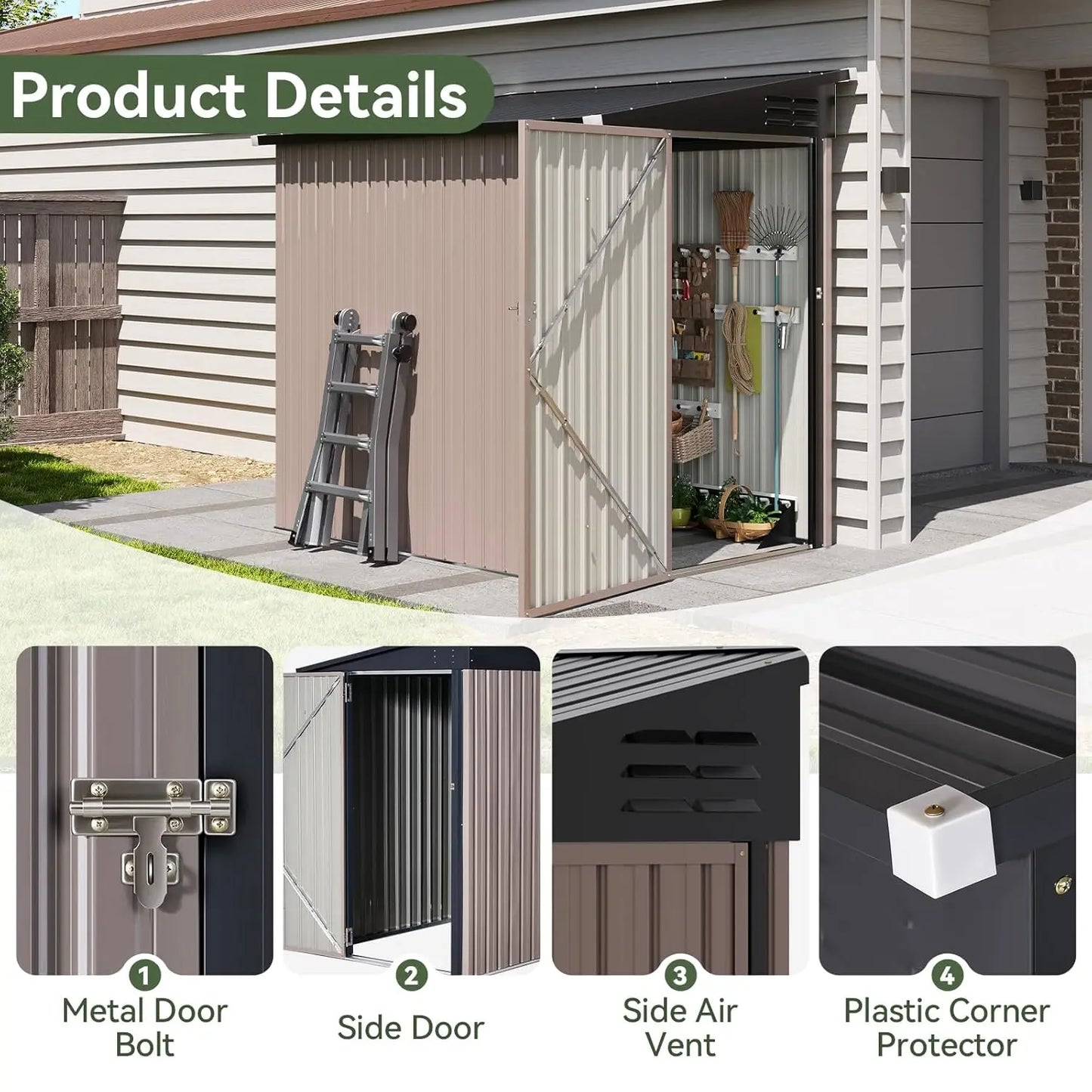 6x4ft Lean-to Steel Garden Storage Shed Lockable Waterproof Rust-proof Yard Patio Backyard Brown Custom