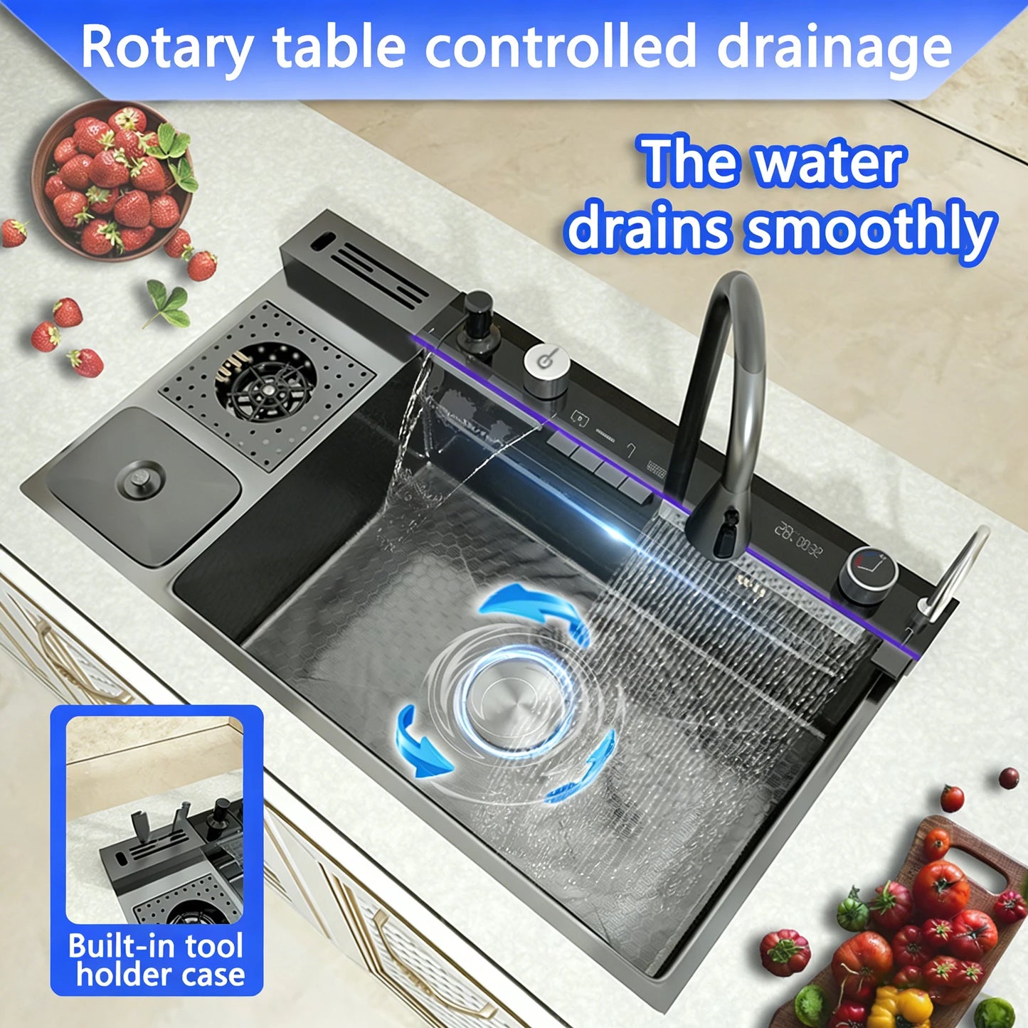 Multifunctional Kitchen Sink Stainless Steel Waterfall Diswashing Sinks Digital Display Large Single Slot with Trash can