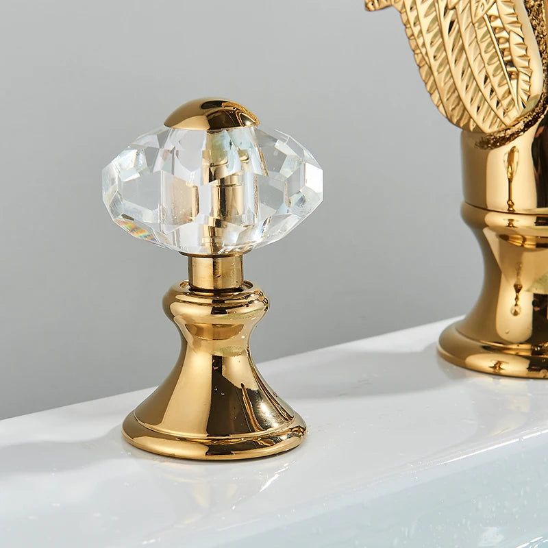 Golden Swan Shape Bathroom Faucet Basin Faucet Tap  Bathtub Faucet Two Crystal Handles Hot Cold Mixer Crane Basin Faucet Tap