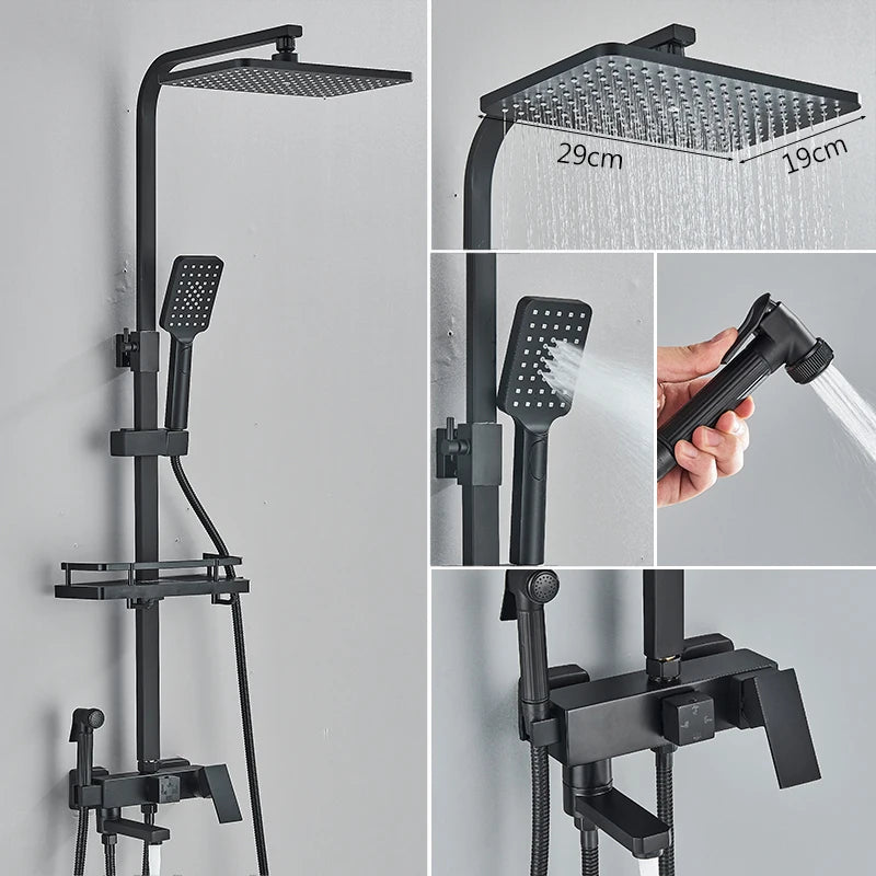 3/4-way Shower Faucet Rainfall Shower Hot Cold Water Mixer Bidet Faucet Commodity Shelf For Bathroom Shower Mixer Chrome Black