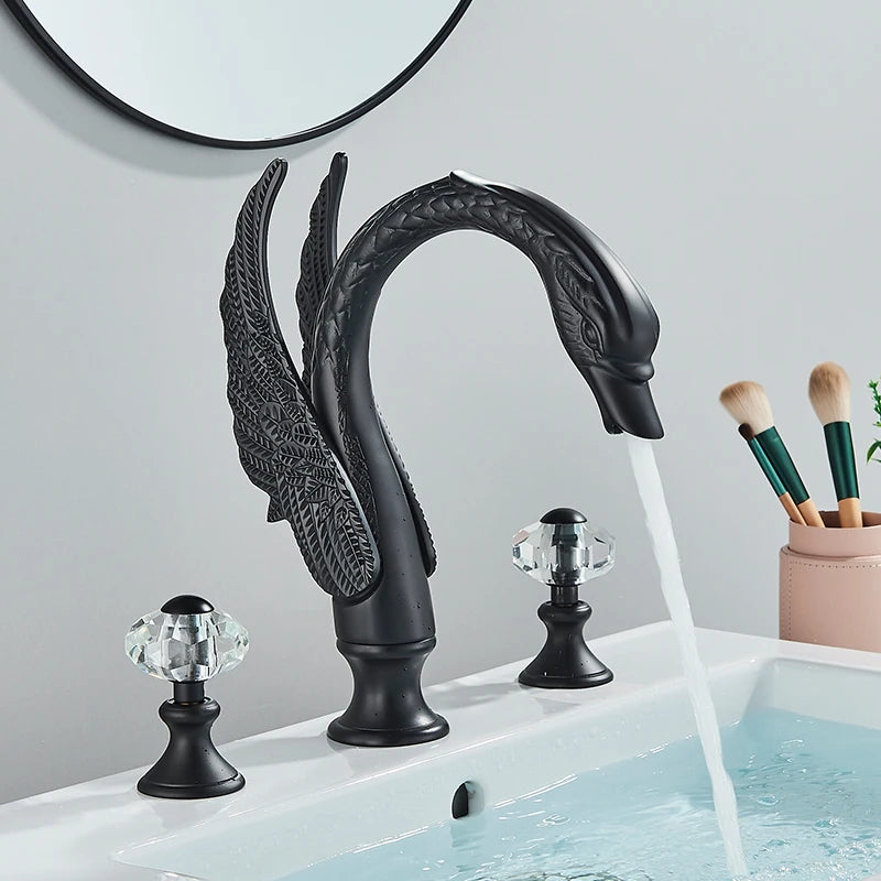 Golden Swan Shape Bathroom Faucet Basin Faucet Tap  Bathtub Faucet Two Crystal Handles Hot Cold Mixer Crane Basin Faucet Tap