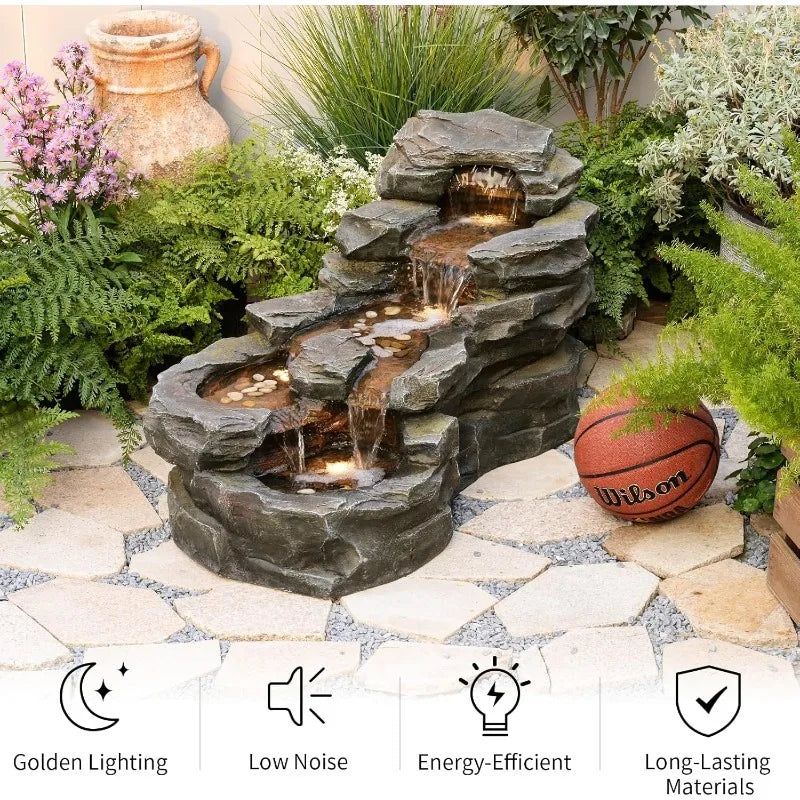 37" L Garden Outdoor Water Fountain, Floor Standing 5-Tiers Rock Natural Waterfall Outdoor Fountains with LED Lights for Patio,
