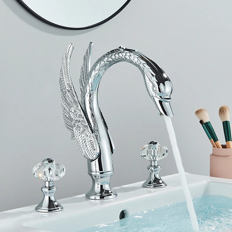 Golden Swan Shape Bathroom Faucet Basin Faucet Tap  Bathtub Faucet Two Crystal Handles Hot Cold Mixer Crane Basin Faucet Tap