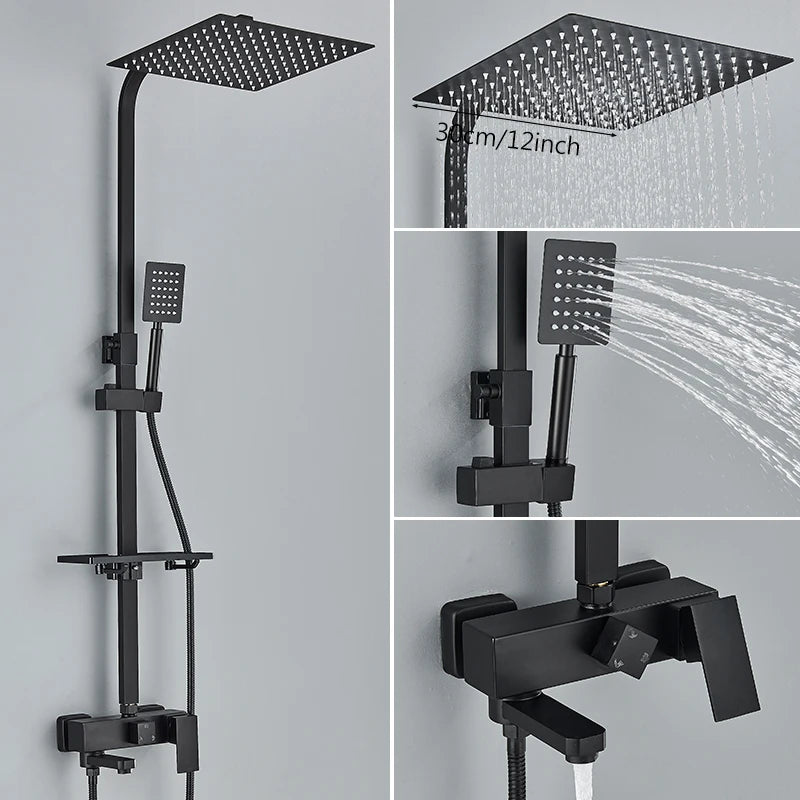 3/4-way Shower Faucet Rainfall Shower Hot Cold Water Mixer Bidet Faucet Commodity Shelf For Bathroom Shower Mixer Chrome Black