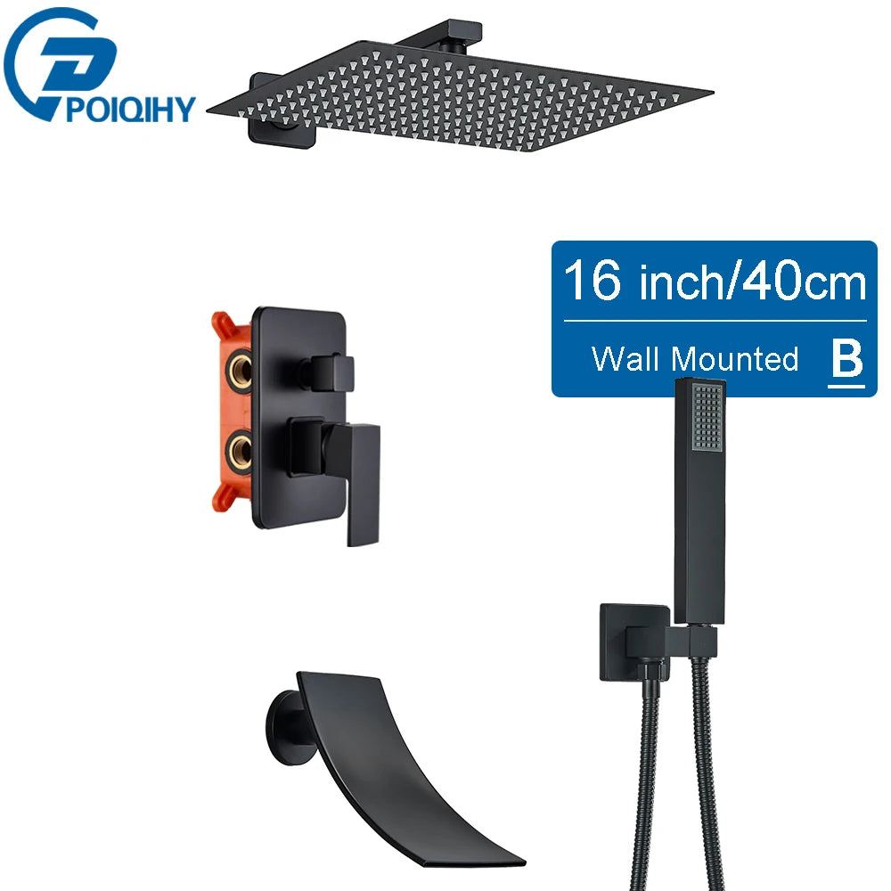 POIQIHY Embedded In Wall Shower Faucet Rainfall Stainless Steel 8/10/12/16" Shower Head Faucet Shower Tap Mixers Matte Black