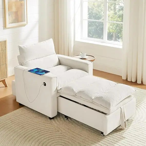 Convertible 3-in-1 Futon Sofa Bed with USB & Type-C Ports, Modern Multi-Functional Sleeper Chair Couch, Pull-Out Chaise Lounge