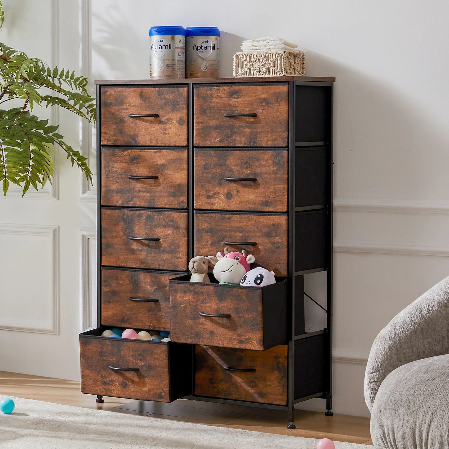 JHK Bedside Table With Fabric Drawers And Steel Frame