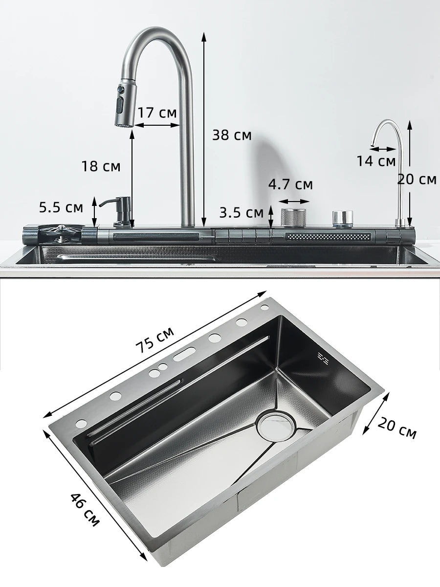 304 Stainless Steel Kitchen Sink Double Waterfall Single Slot Integrated Digital Display Faucet Set Soap dispenser Cup Washer
