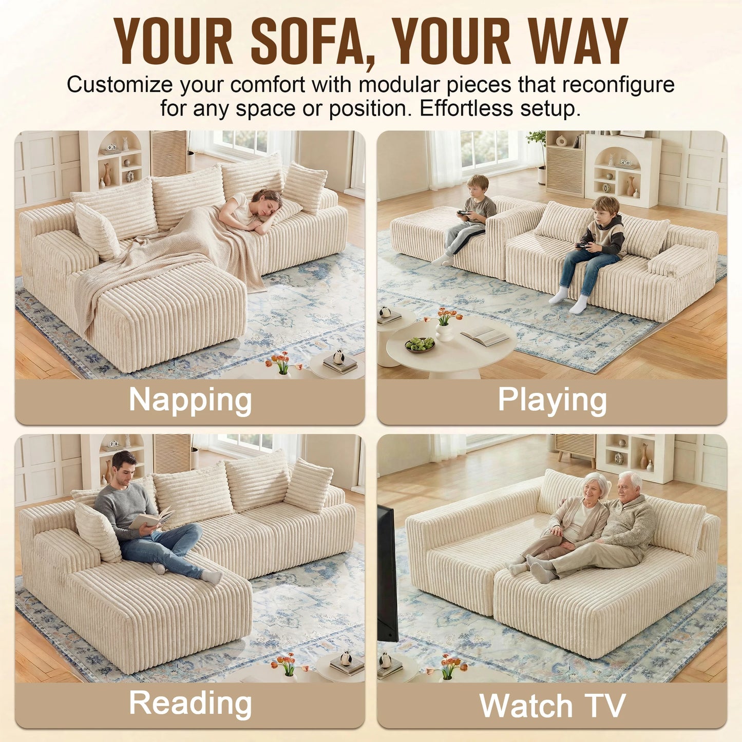 Redlife L-Shape Corduroy Sectional Sofa Cloud-Like Comfort No Assembly Required