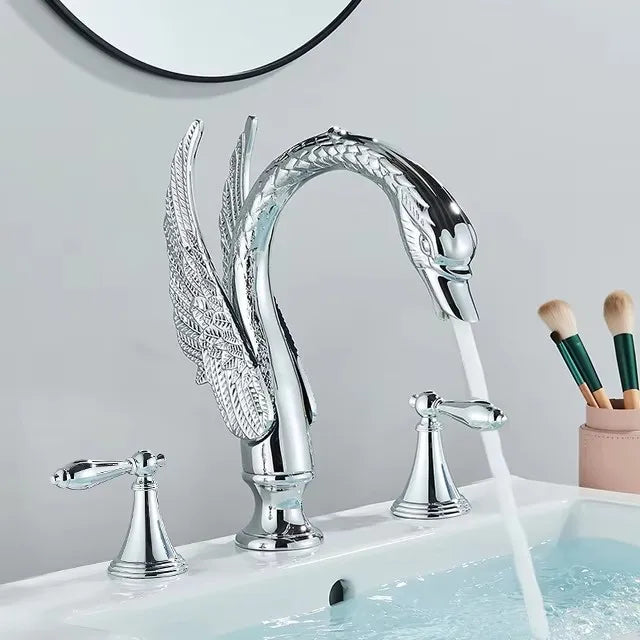 Golden Swan Shape Bathroom Faucet Basin Faucet Tap  Bathtub Faucet Two Crystal Handles Hot Cold Mixer Crane Basin Faucet Tap