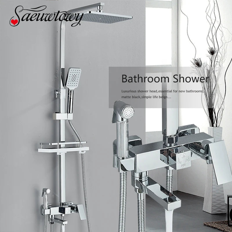 3/4-way Shower Faucet Rainfall Shower Hot Cold Water Mixer Bidet Faucet Commodity Shelf For Bathroom Shower Mixer Chrome Black