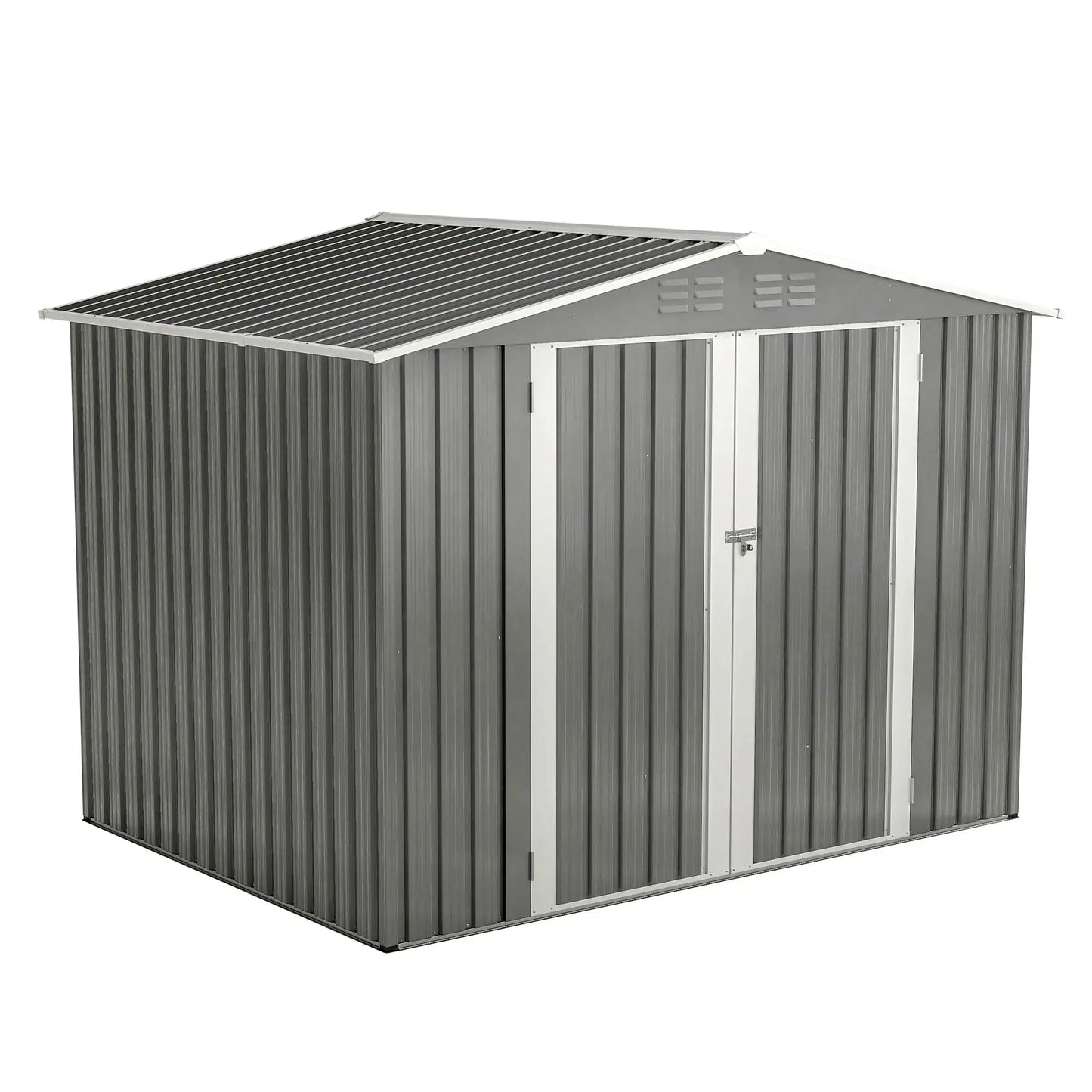 8x6 FT Outdoor Waterproof Garden Shed, Metal Foundation, Lockable Hinged Doors, Air Vents, Gray for Backyard & Lawn