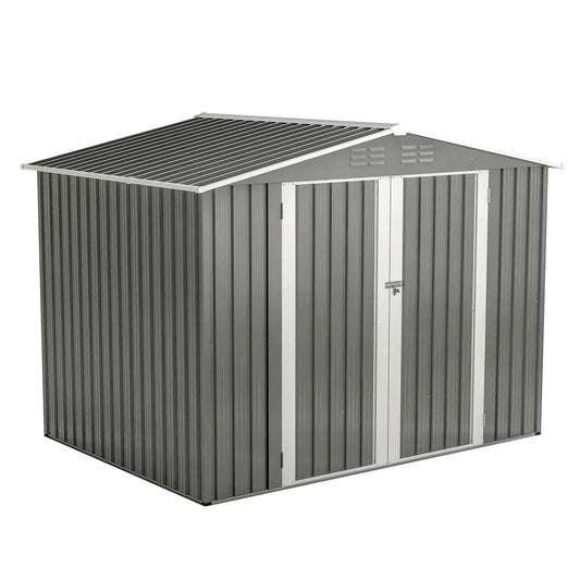 8x6 FT Outdoor Waterproof Garden Shed, Metal Foundation, Lockable Hinged Doors, Air Vents, Gray for Backyard & Lawn