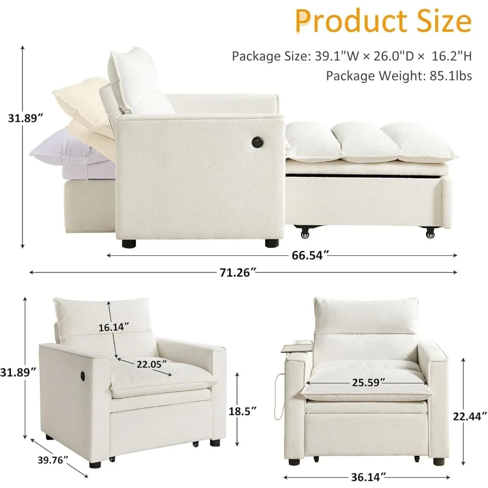 Convertible 3-in-1 Futon Sofa Bed with USB & Type-C Ports, Modern Multi-Functional Sleeper Chair Couch, Pull-Out Chaise Lounge