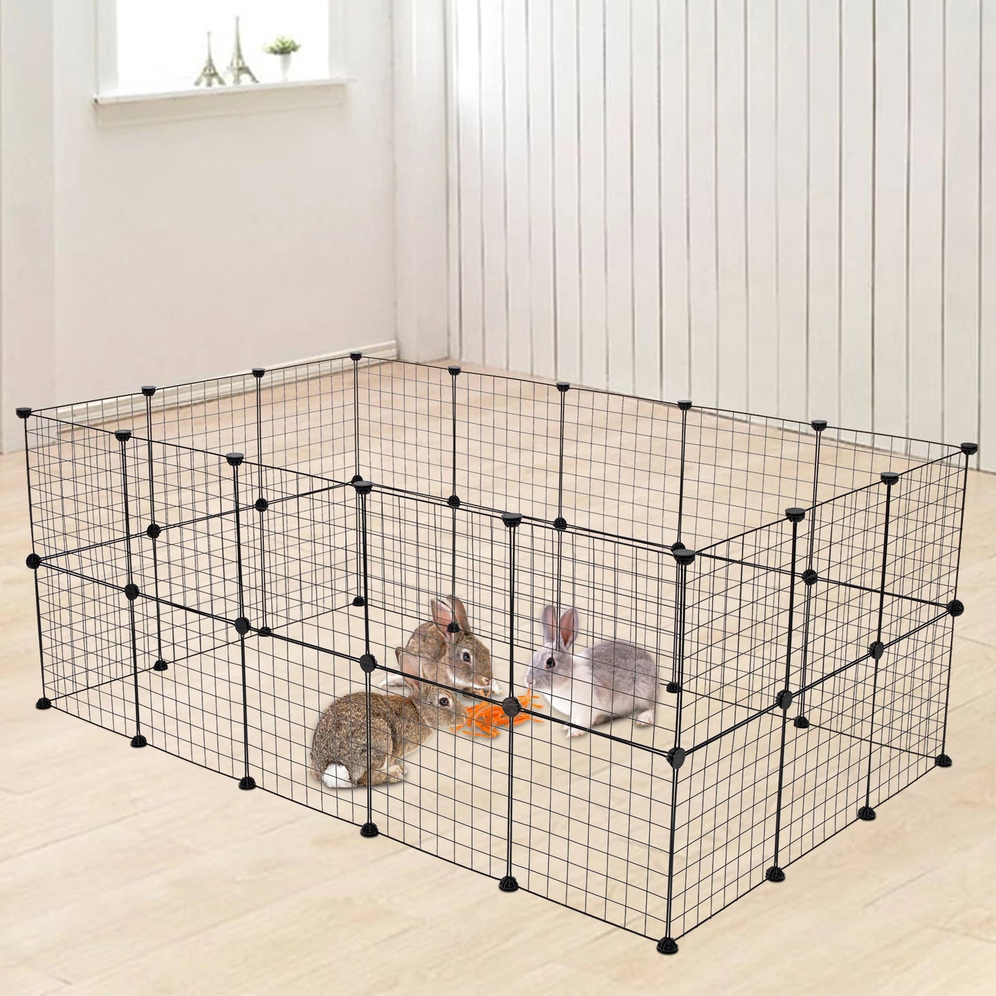 Pet Playpen: 24pcs (8pcs Free) Portable Metal Wire Fence for Guinea Pigs, Rabbits - Indoor Small Animal Cage/Tent (Black)