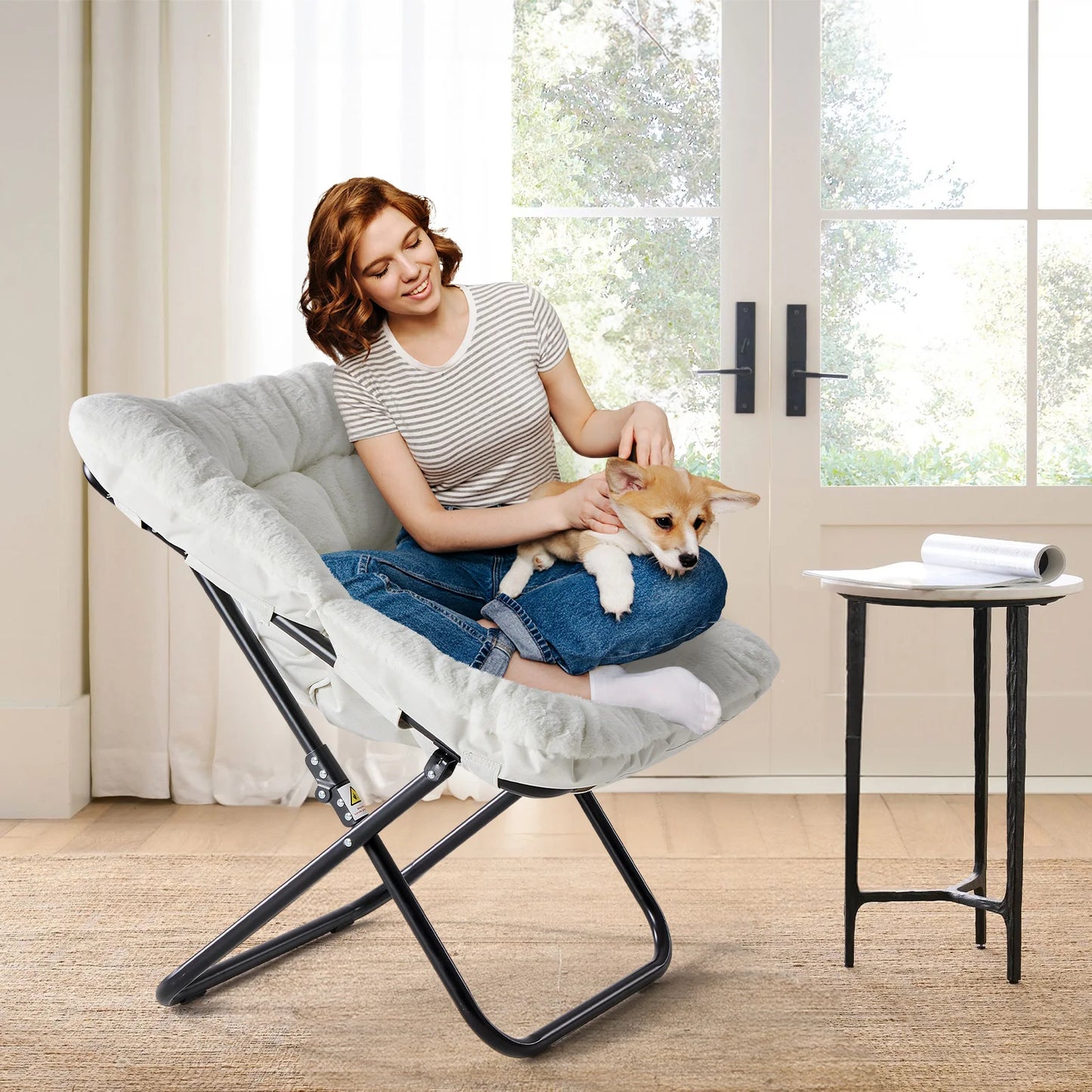 JHK 28IN Cozy Saucer Chairs Soft Faux Fur Large Size Folding Lounge Living Room Padded Seat Metal Frame Reading Chair Furniture