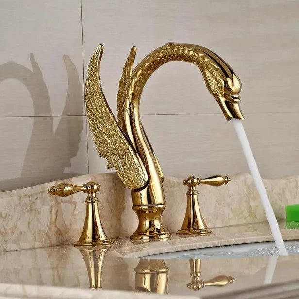 Golden Swan Shape Bathroom Faucet Basin Faucet Tap  Bathtub Faucet Two Crystal Handles Hot Cold Mixer Crane Basin Faucet Tap