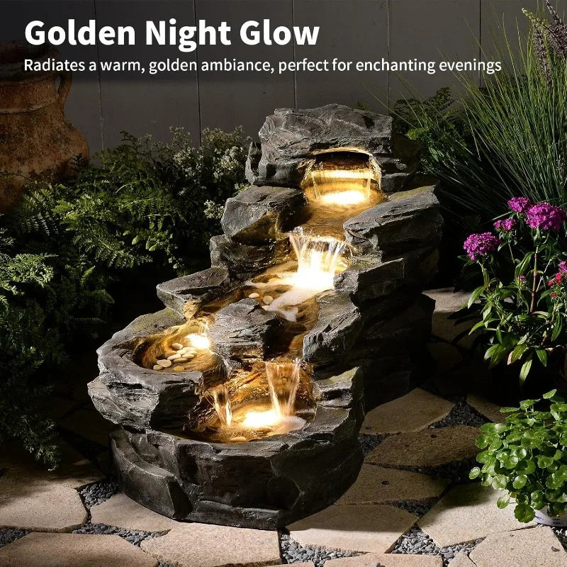 37" L Garden Outdoor Water Fountain, Floor Standing 5-Tiers Rock Natural Waterfall Outdoor Fountains with LED Lights for Patio,