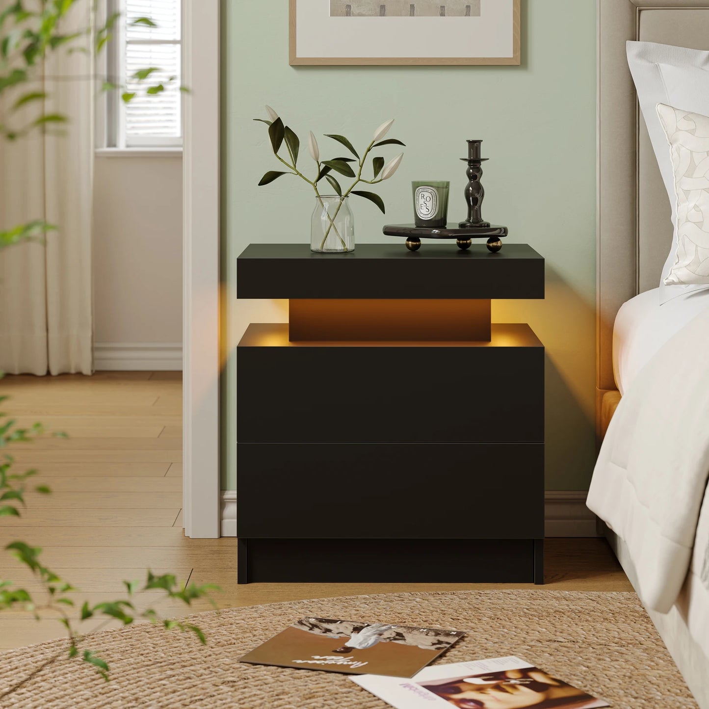 Cubehom LED Nightstands With Two Drawers And RGB Lighting