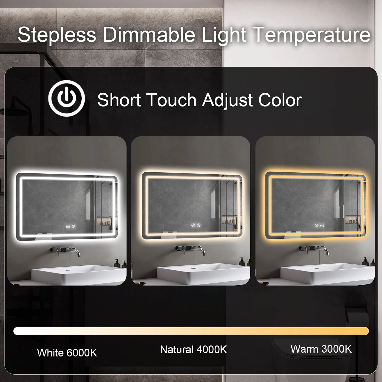 28x36 inch LED Bathroom Mirror Vanity Mirrors with Backlit Lights Fogless Makeup Mirror Wall Mounted with Demister Dimmable