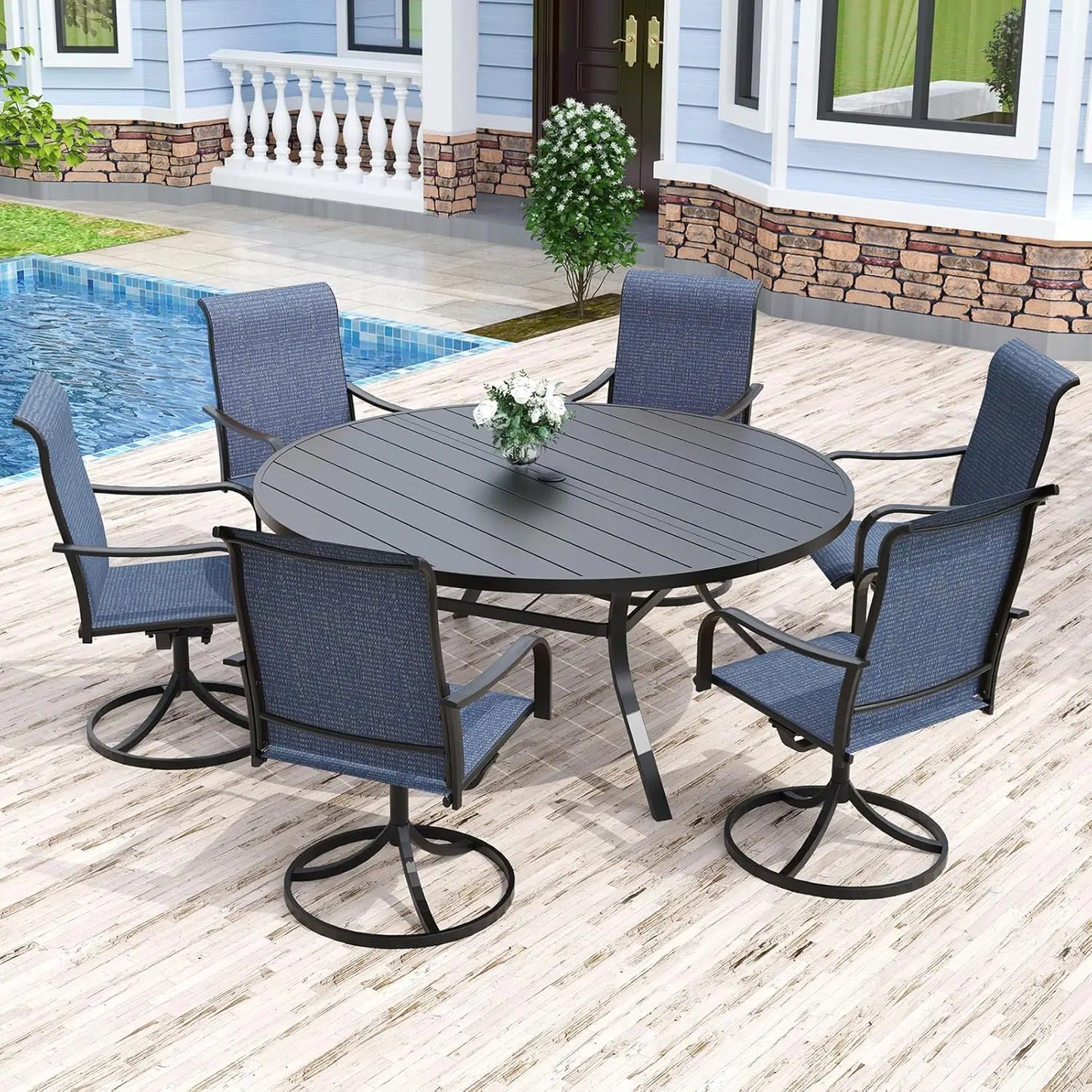 7 Piece Outdoor Patio Dining Set Swivel Chairs Round Table All Weather Lawn Garden Customized