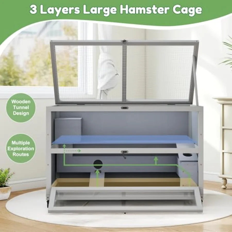 3Tier Wooden Hamster Cage 35.4'' with Removable Ramps and Tray Small Animals Hutch with Wheels and 2 Openable Doors Critter Nat