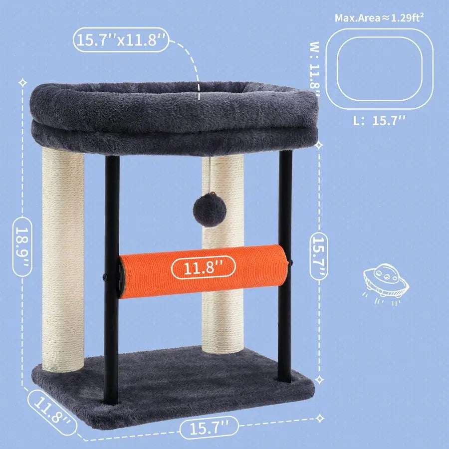 Cat Tree, Cat Scratching Posts with Bed, Sturdy Tower with Fully SisalWrapped Columns and Plush Toy Ball for Indoor Kittens, 18.